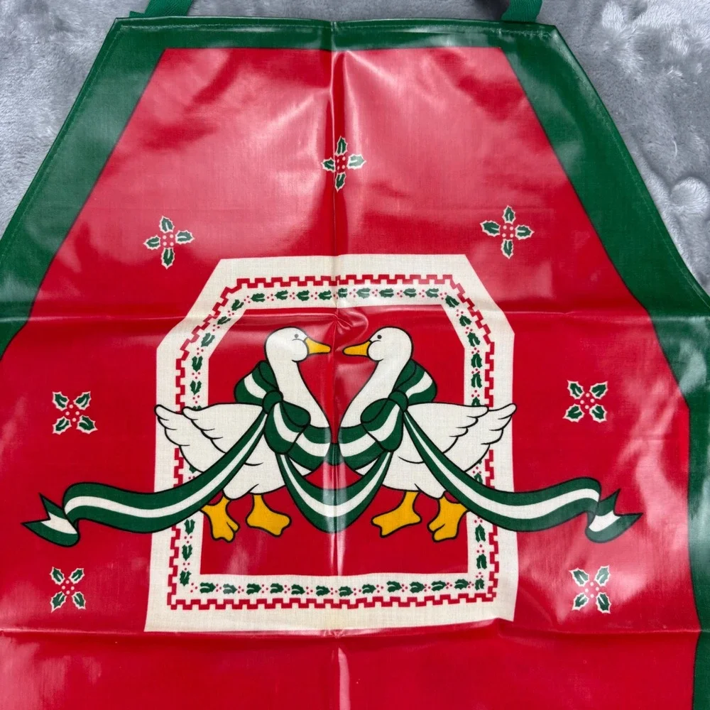 Vintage Merry Christmas Waterproof Vinyl Apron Geese Holiday Red Green Retro